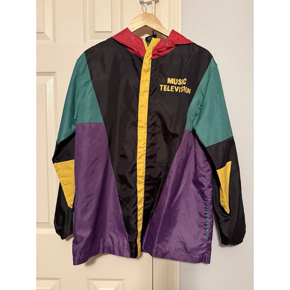 MTV Music Television Colorblock Retro Full Zip Windbreaker Jacket Mens M Medium
